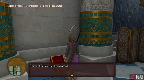You can find an Iron Broadsword in the Prince’s Bedchamber