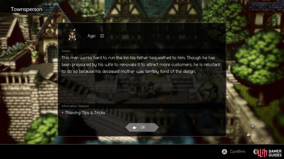 Inquire/Scrutinize this NPC to make it easier for Therion to steal