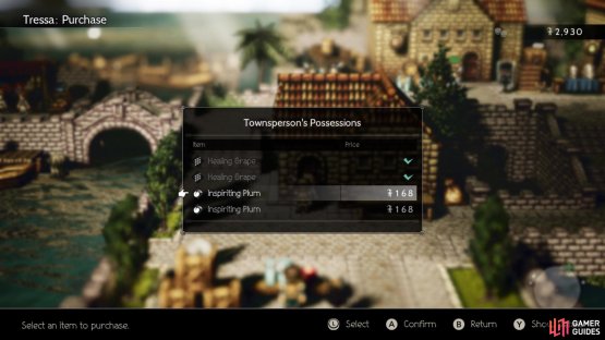 Tressa&rsquo;s Path Action allows her to purchase items from NPCs