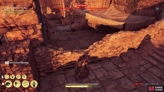 Jump down from the gap in the wall when there are no guards patrolling the spot.