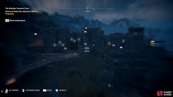 Scout with Ikaros until you find the quest marker which indicates the location of the treasure trove.