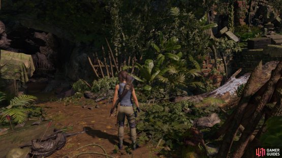 Head left into the cave for resources