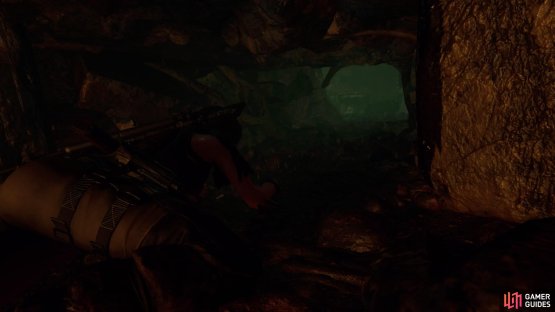 Crawl through the tunnel to the wolf pit