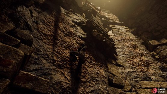 Climb the craggy wall to the upper level