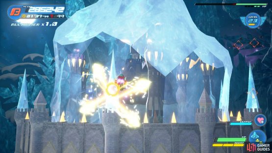 Shoot the crystal towers to remove the barrier