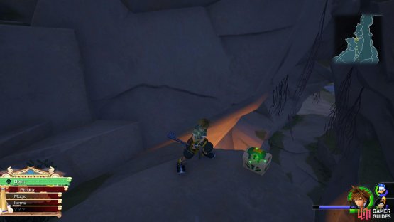 in the cave, run up the wall and leap over to the other platform.