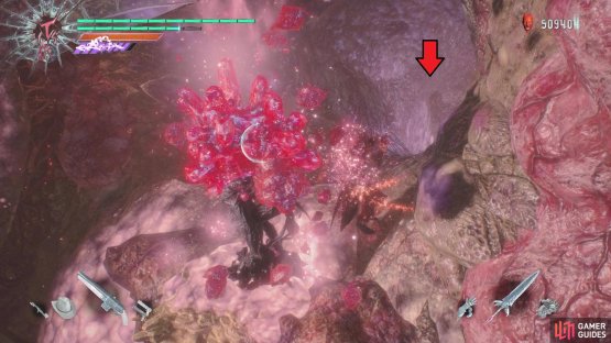 Drop down the hole behind the large Red Orbs Cluster