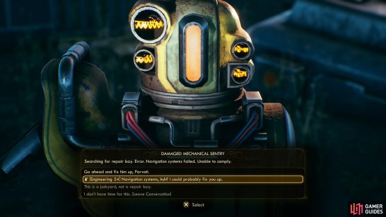 If your Engineering skill score is high enough, or if you have Parvati with you, you can repair the damaged sentry.