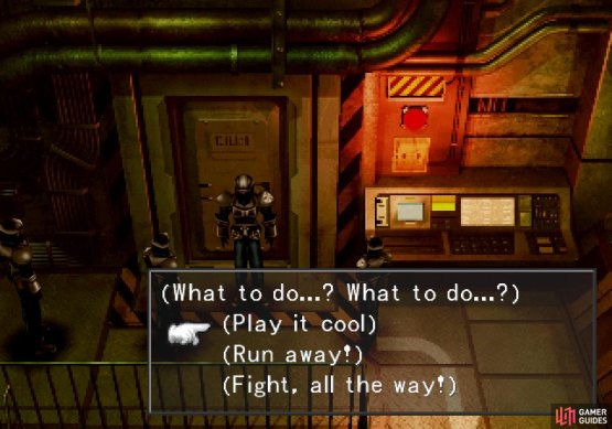 Play it cool near the guard in front of the launcher bay to avoid suspicion