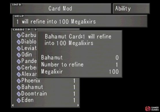 Cards like Bahamut and Giglamesh can be refined into Megalixirs and Holy Wars, respectively.