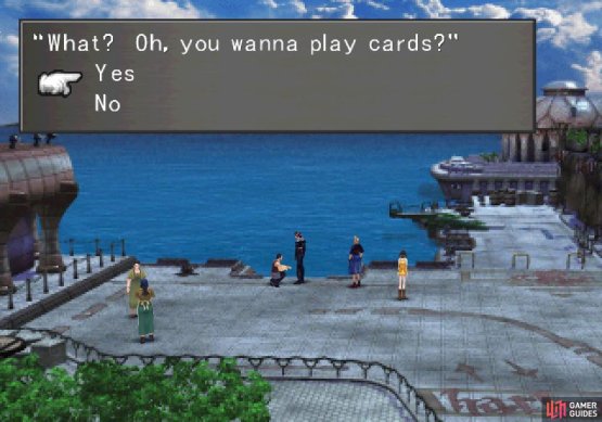 The crouching man in Balamb&rsquo;s docks will play cards