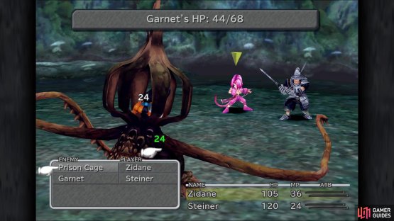 In the first fight, the boss will absorb HP from Garnet so keep her healed