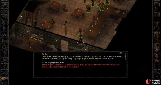 Talk to Perdue and navigate his dialogue to get him to ask you to reclaim his stolen sword from some Gnolls - in somewhat more colorful language.