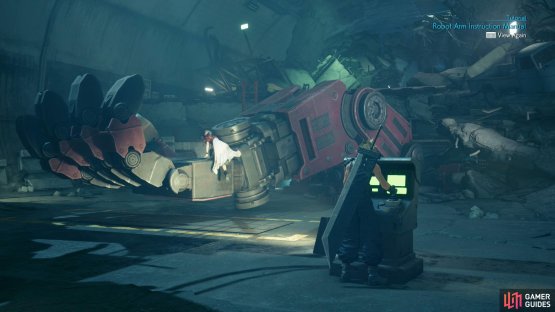 Bring the mechanical arm into position so Aerith can ride it,