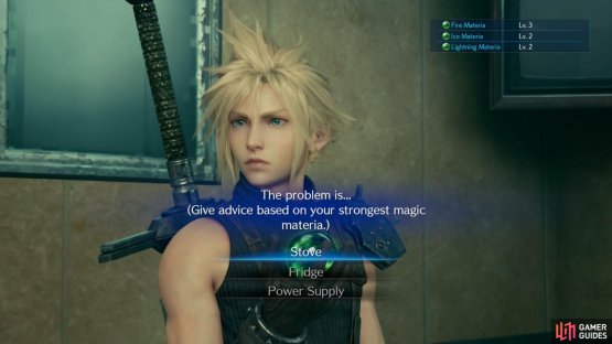 Pick the stove to use your Fire Materia, the fridge to use Ice Materia or the Power Supply to use Lightning Materia.