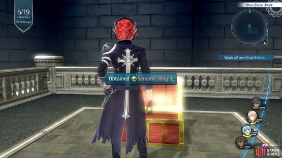 them go to the top of the stairs to find another chest with a Seraphic Ring R inside.