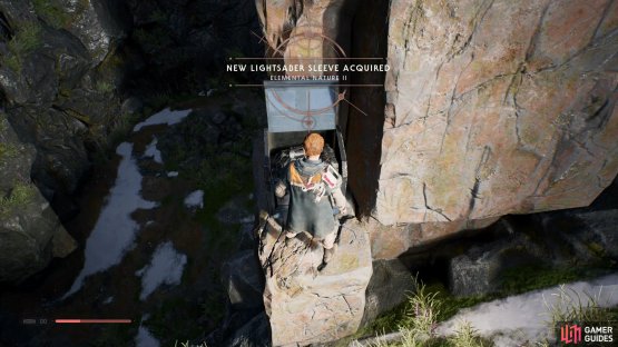 now use the rope to get up to the area above and then go right to find a Chest that holds the Elemental Nature II Lightsaber Sleeve.