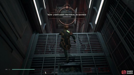 Once you&rsquo;ve entered the Imperial Headquarters head to the area with the fans and climb up to find a Chest that contains Aurodium Lightsaber Material