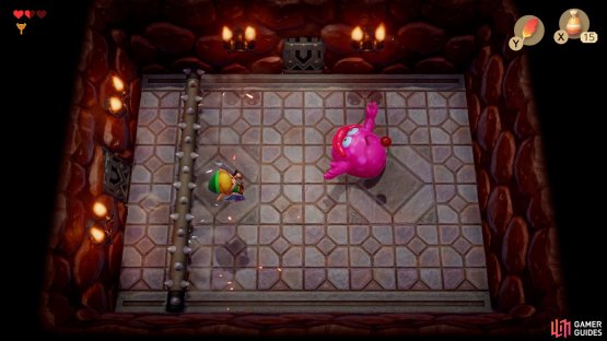 Wait for the boss to push a column towards you and hop over it,