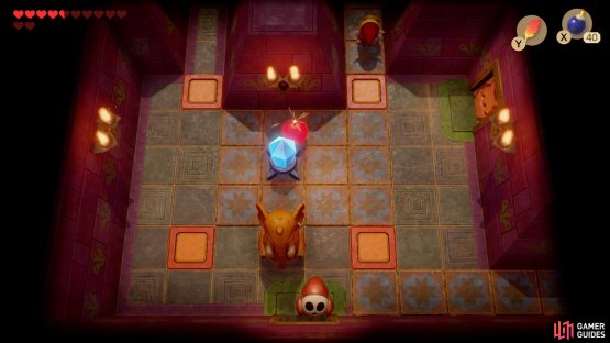 Place a Bomb near the Crystal and stand behind the orange floor to the right,
