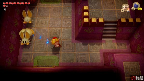 Play the first song on your ocarina to get the rabbits to disappear then head into the room ahead,
