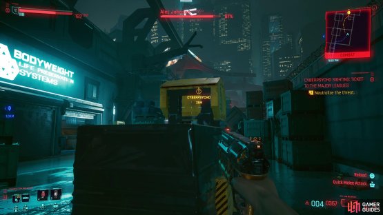 Use the forklifts as cover when he standing on the platform above