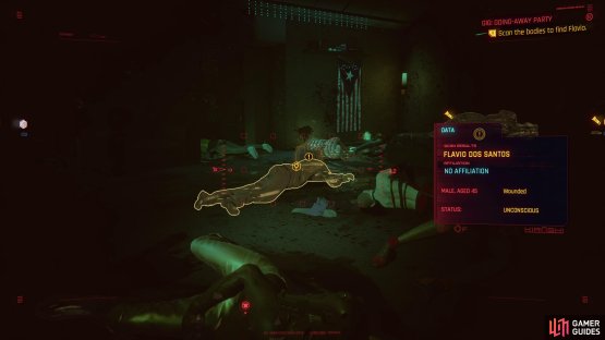 then scan the bodies in the bedroom to find Flavio.