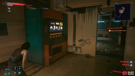 Interact with the vending machine and Johnny will spot a hidden room