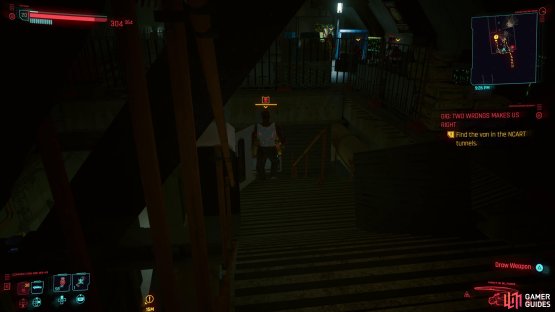 Wait until this guard looks away before continuing down the stairs
