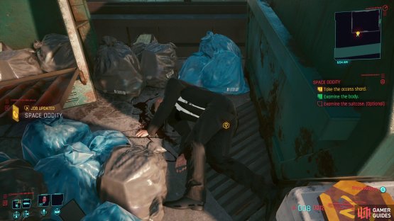 then collect the access shard from the body near the dumpster.