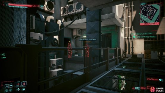 Wait for some Militech troopers to breach an apartment ahead of you, then sneak past when they&rsquo;re busy terrorizing innocents.