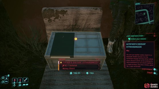 Deliver a stolen vehicles and you can loot a box full of goodies - including discount shards.