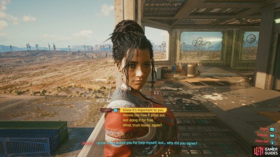 Chat with Panam atop the control tower, and if you want to romance her, avoid saying &ldquo;Not doing it for free.&rdquo;.