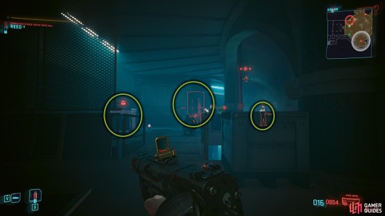 Distract the guard by hacking the machine in the middle. Grab them, and throw them in the dumpster to the left.