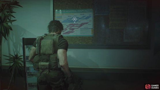 then go back into the building through the other door to pick up the map off the board on the left. 