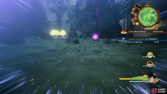 Look for the purple orbs in the swampy area