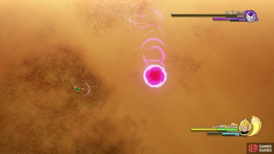 Low on health, Frieza will do a special attack that tosses a bunch of discs at you