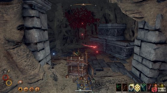 Walk east through the stone archway, marked by blood on the wall, toward the platform where Oliele can be found.