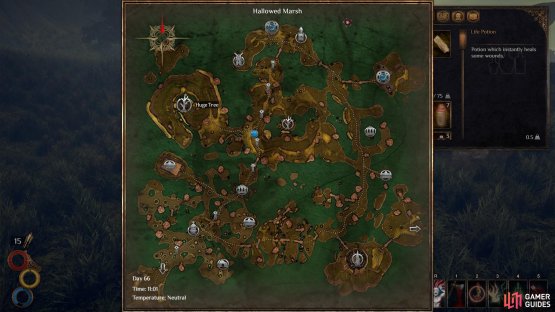 The location of the Huge Tree in the west of the Hallowed Marsh, where the Dead Roots dungeon can be found.