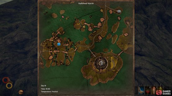 The location of the Steakosaur&rsquo;s Burrow in Hallowed Marsh, found north west of the  Spire of Light.