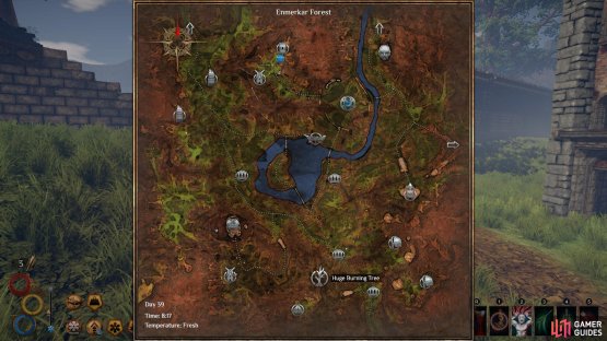 See the south of the map for the location of the burning tree.