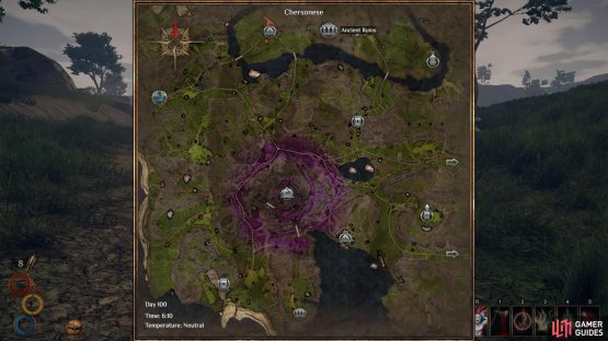 The location of the Corrupted Tombs in the northeastern region of Chersonese, marked on the map as &lsquo;Ancient Ruins&rsquo;.