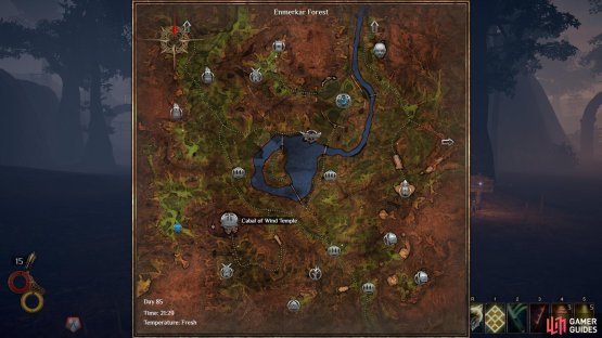 The location of the Royal Manticore in Enmerkar Forest. Marked here by a blue circle, south west of Cabal of Wind Temple.