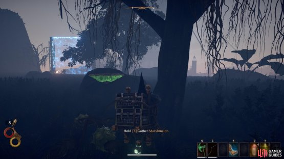 A first person visual of where to find the Marshmelon in relation to the bridge barrier to the Spire of Light.