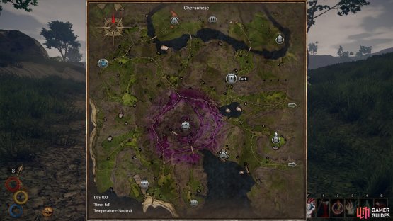 The location of the Ghost Pass in the Chersonese region, marked on the map as &lsquo;Fort&rsquo;. Take the road south east of Cierzo to reach it.