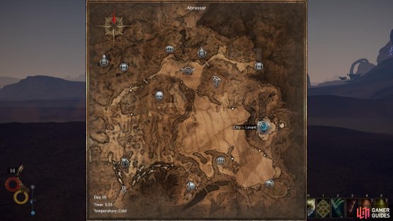 The location of Levant on the Abrassar map. Head north west from the entrance to Enmerkar Forest to reach it.