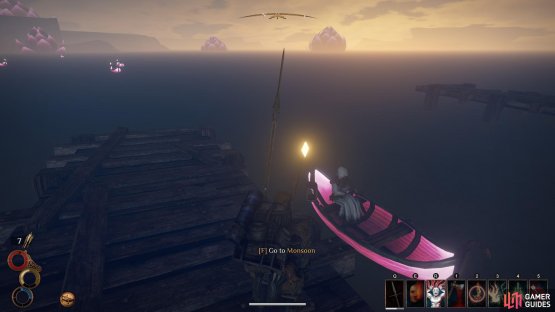 Use one of the boats at the docks to cross the water into Monsoon.