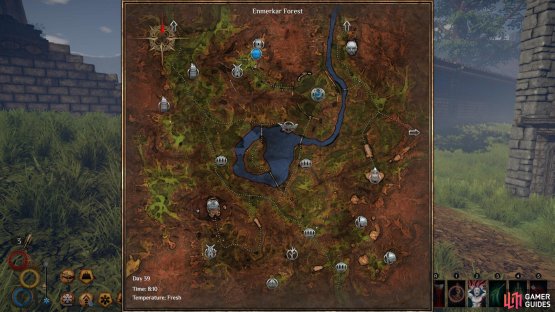 The blue icon to the north indicates where you are on the map as you leave the crypts.