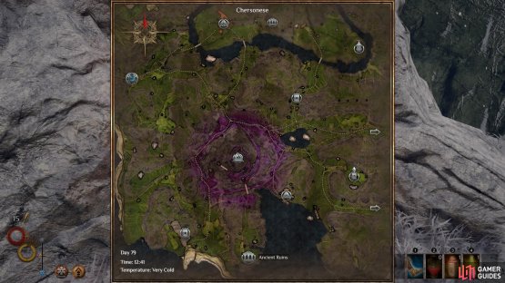 The location of Pirates&rsquo; Hideout on the Chersonese map, marked as &lsquo;Ancient Ruins&rsquo; in the south of the region.