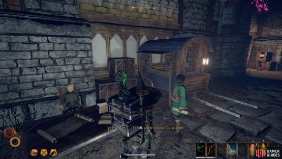After waiting 12 hours from speaking with Laine the Alchemist, speak with the Soroborean Caravanner.